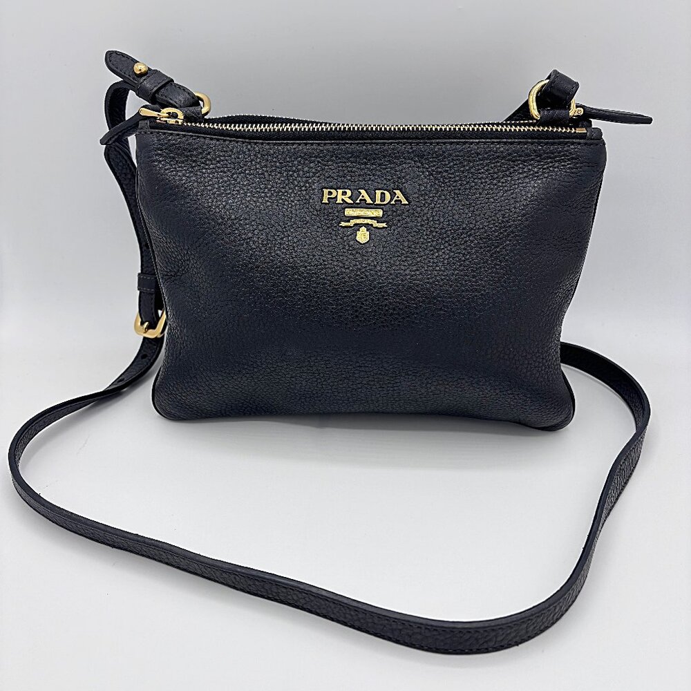 Prada Vitello Phenix Black Calfskin Leather Double Zip Crossbody Women's Bag